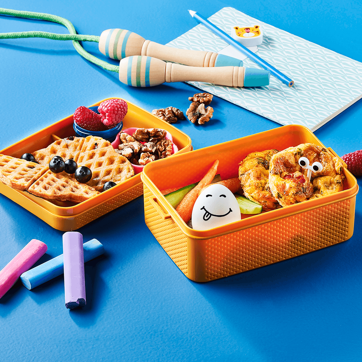 Lunch Box with Egg Muffins, Blueberry Waffles and Snacks - Emborg