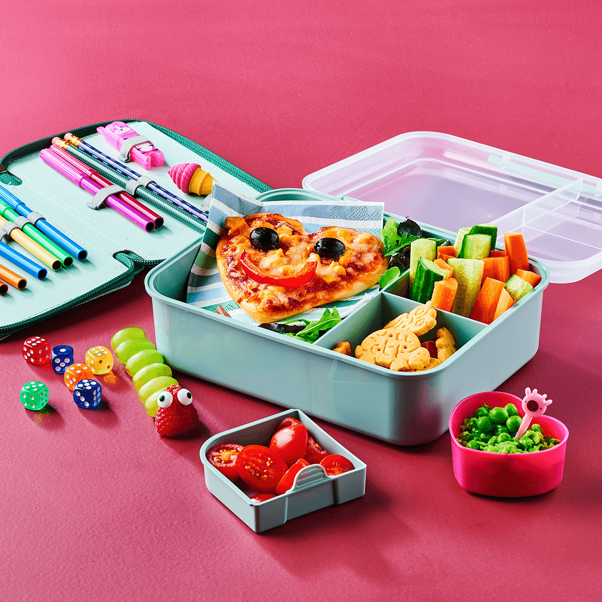 Lunch Box with Mini Pizzas, Veggie Snacks and Mashed Peas - Emborg Malaysia