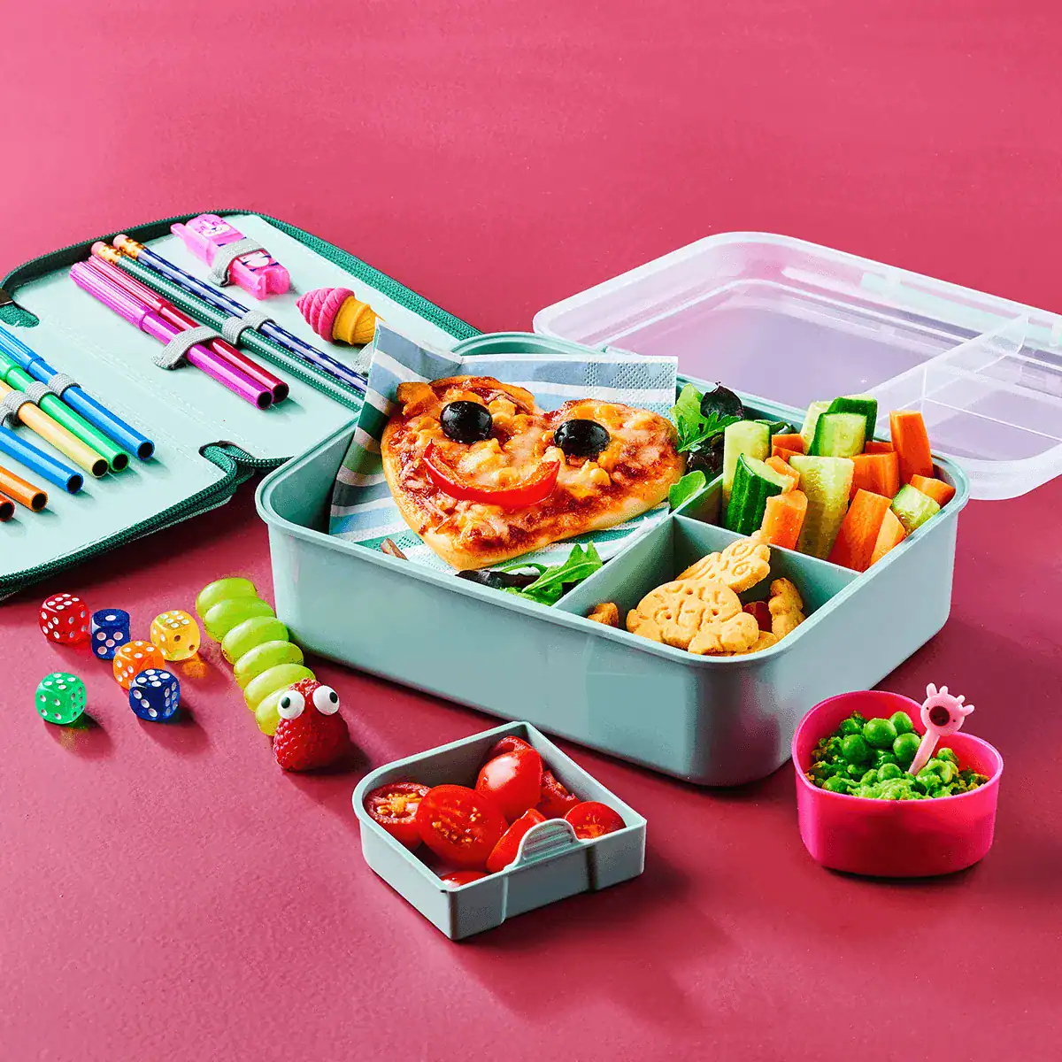 Lunch Box with Mini Pizzas, Veggie Snacks and Mashed Peas - Emborg Malaysia