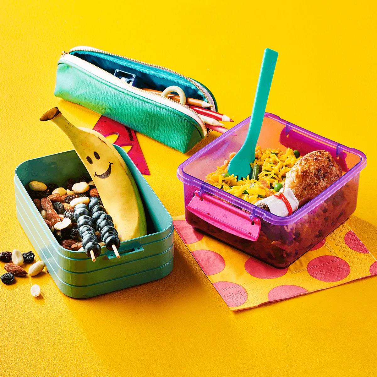 Lunch Box with Yellow Rice Salad, Chicken and Snacks - Emborg Malaysia
