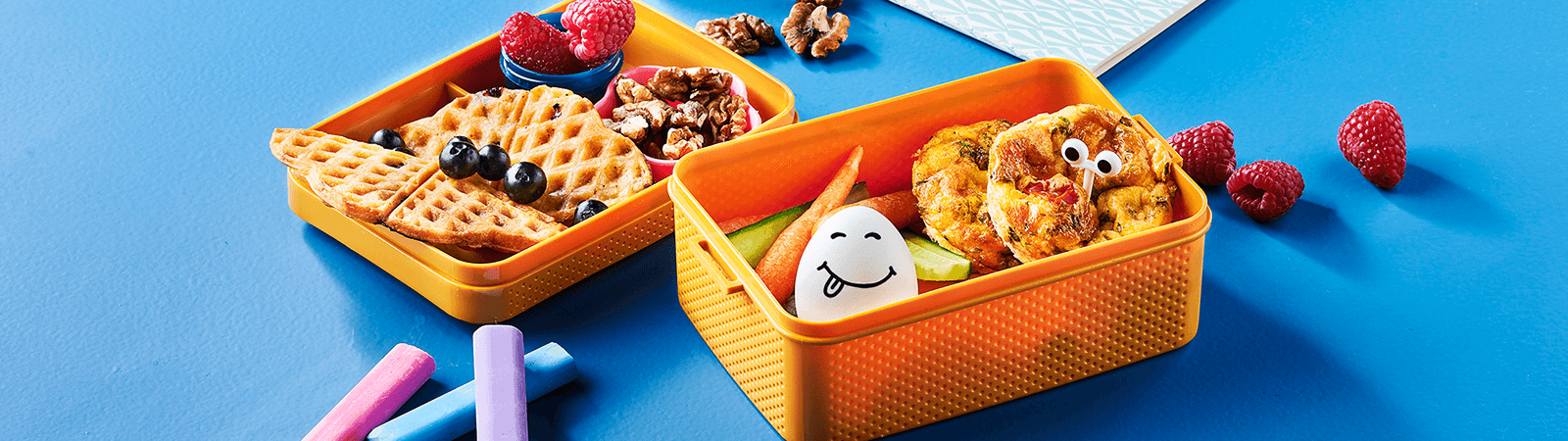 Lunch Box with Egg Muffins, Blueberry Waffles and Snacks - Emborg