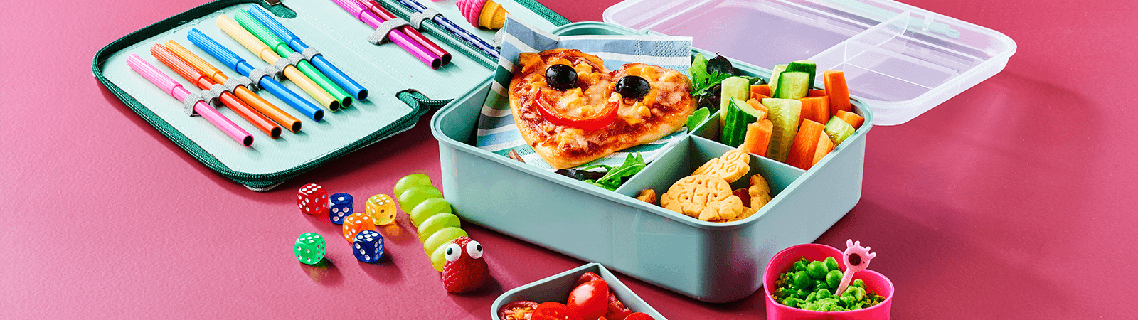 Lunch Box with Mini Pizzas, Veggie Snacks and Mashed Peas - Emborg Malaysia