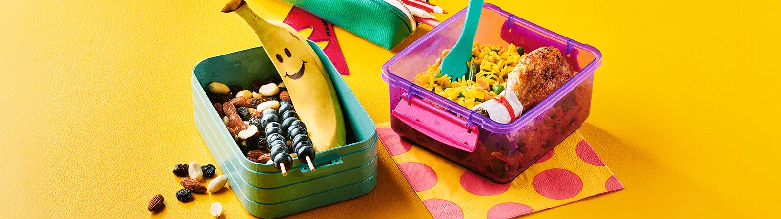 Lunch Box with Yellow Rice Salad, Chicken and Snacks - Emborg Malaysia