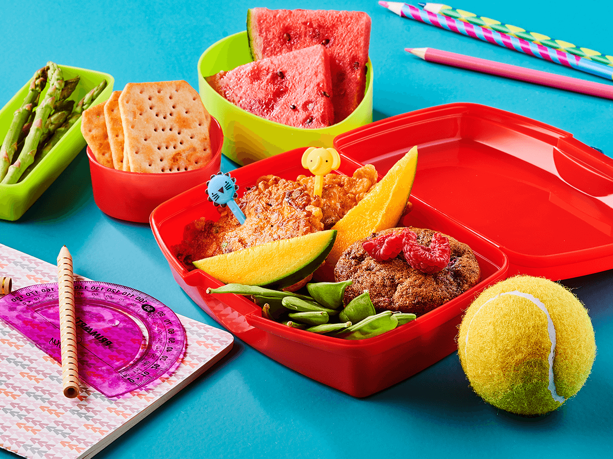 Lunch Box with Veggie Fritters, Raspberry Muffin and Snacks - Emborg New Zealand