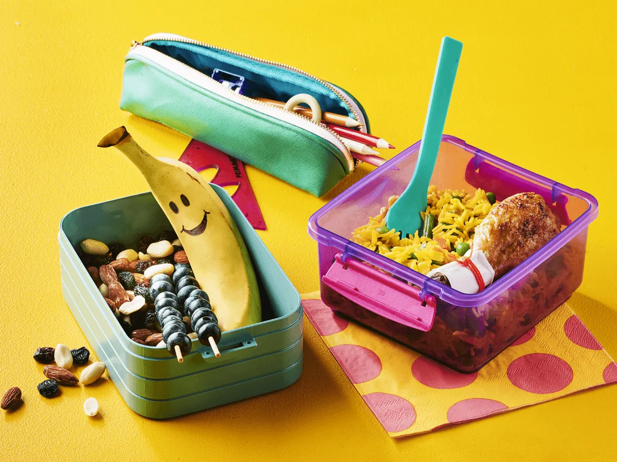Lunch Box with Yellow Rice Salad, Chicken and Snacks - Emborg Malaysia