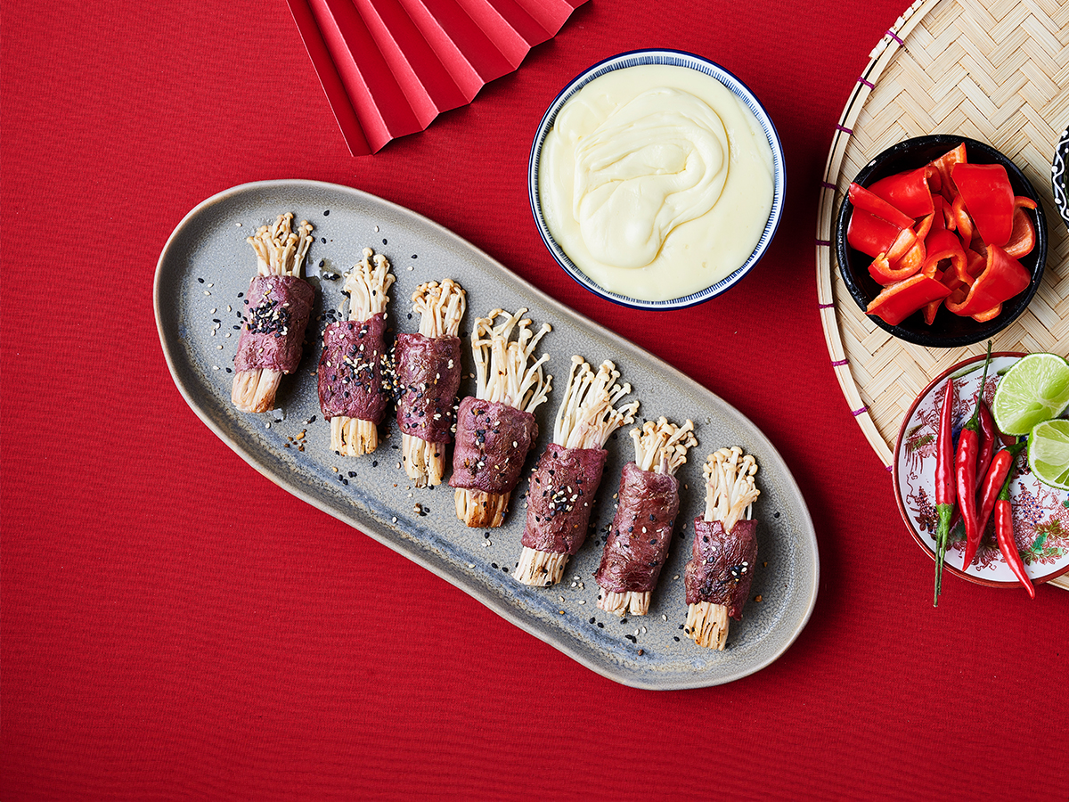 BBQ Enoki Beef Rolls & Cheese Dip - Emborg