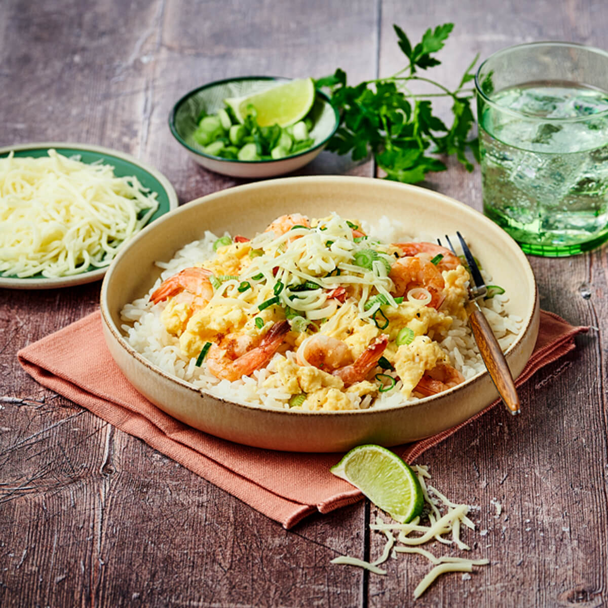 Cheesy Scrambled Eggs with Prawns on Rice - Emborg Malaysia