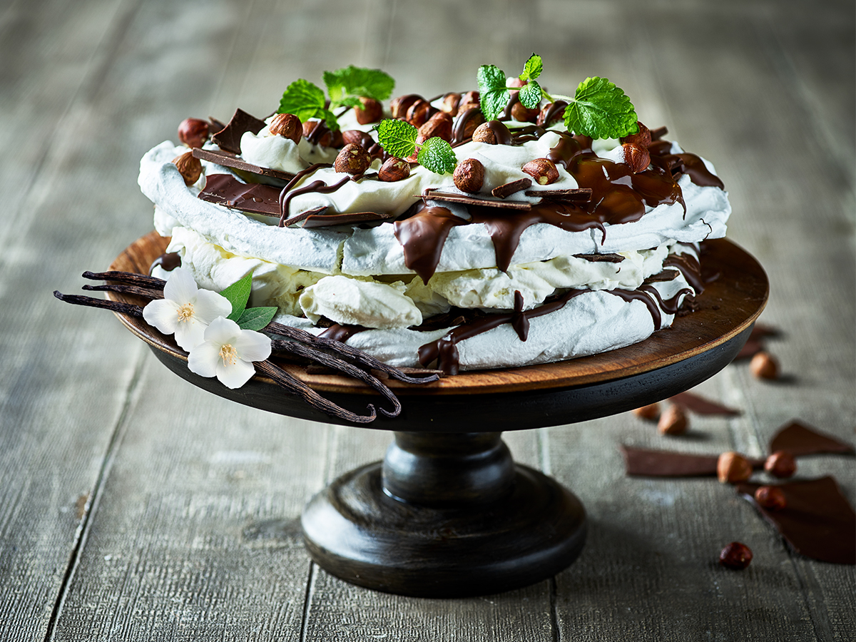 Hazelnut Meringue Layer Cake with Chocolate Drizzle - Emborg Singapore