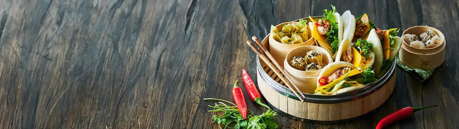 Sharing Plate with Dumplings, Wontons and Bao Buns with Cheese - Emborg 